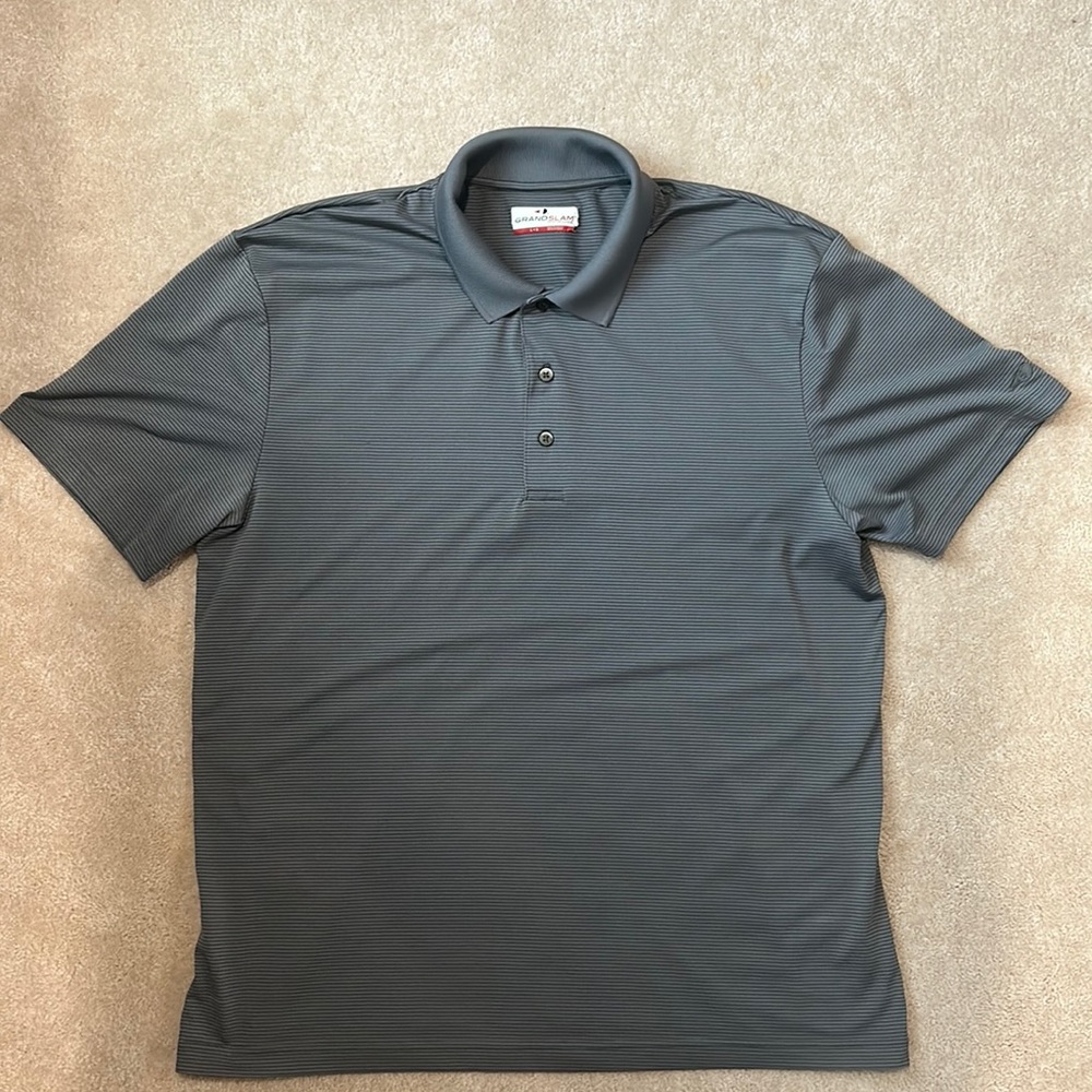 Used Men’s black and gray striped golf polo